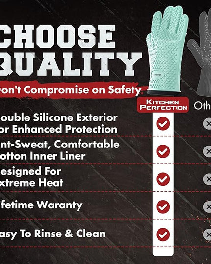 KITCHEN PERFECTION XL Silicone Smoker Oven Gloves-Extreme Heat Resistant BBQ Gloves-Handle Hot Food Right on Your Grill Fryer&Pit|Waterproof Grilling Cooking Baking Mitts|Superior Value Set+3 Bonuses