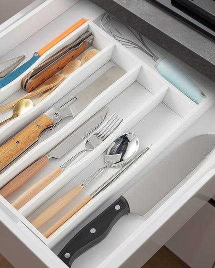 Expandable Bamboo Kitchen Drawer Organizer for Cutlery and Utensils, Adjustable Bamboo Wood Cutlery Tray in Drawer for Flatware and Silverware in Kitchen, (White)