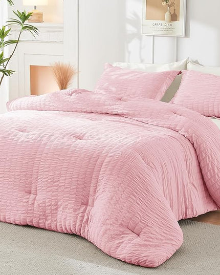 HYMOKEGE Pink/Ivory King Size Comforter Set Seersucker 7 Pieces, All Season Luxury Bed in a Bag for Bedroom, Bedding Set with Comforter, Sheets, Pillowcases & Shams