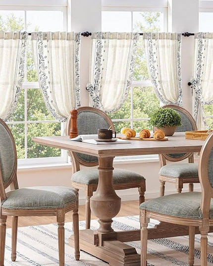 jinchan Winslow Linen Curtains 54 Inch Length Small Window Curtains Embroidered Bordered Floral Drapes Light Filtering for Bathroom Laundry Room Kitchen Farmhouse Decor Blue on Beige 2 Panels