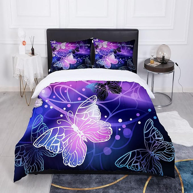 Sunnycitron Butterfly Comforter Set for Girls 3D Purple Butterfly Bedding with Comforter Full Size Girls Neon Butterflies Purple Bed comforters Full,1 Comforter + 2 Pillowcases