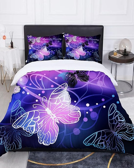 Sunnycitron 3D Purple Butterfly Bedding Queen Comforter Set Dreamy Butterfly Comforter Set for Girls Neon Butterflies Purple Bed Comforter (1 Comforter + 2 Pillowcases),Easy-Wash Fade Resistant