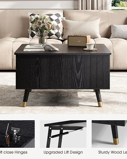 Lift Top Coffee Table with Storage, Mid Century Modern Coffee Table with Solid Wood Legs, 31.5" Square Center Table for Living Room, Home Office, Black