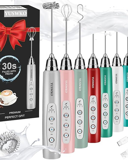 YUSWKO Milk Frother Handheld for Coffee, Rechargeable Drink Mixer with 3 Heads 3 Speeds Electric Coffee Frother Whisk, Gift for Many Occasions and Festival