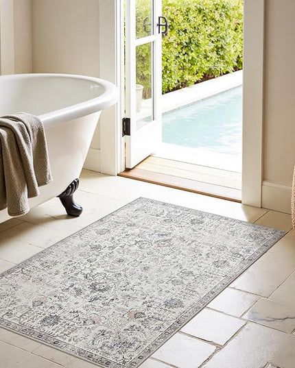 jinchan Kalen Area Rug 3x5 Washable Entryway Rug Vintage Door Mat Indoor Entrance Thin Retro Distressed Gray Floral Doormat Country Boho Lightweight Non Slip Carpet for Bathroom Kitchen Bedroom Grey