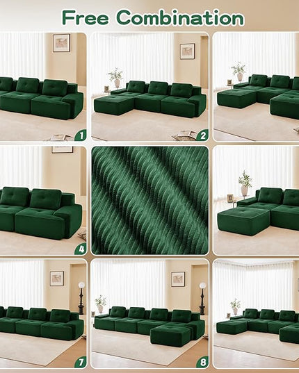 Hommoo Oversized Modular Sectional Sofa, 7 Seat Sleeper Sofa Bed, Comfy Corduroy Couch with Deep Seat, 153”Convertible Boneless Couch with Ottoman for Living Room No Assembly Required Green