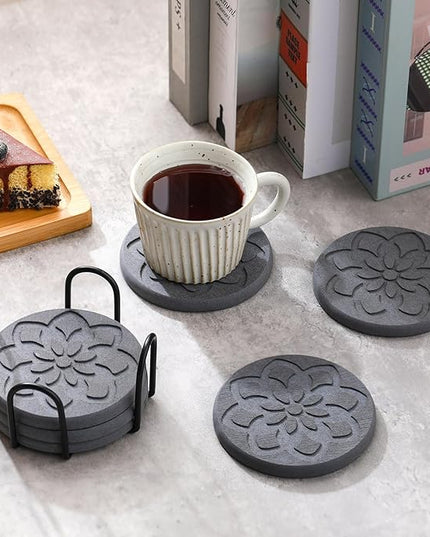 6 Pcs Diatomaceous Earth Absorbent Coasters with Holder 4 Inch Floral Engraved Non-Slip Round Diatom Mud Cup Mats Drink Coasters for Home Office Coffee Kitchen Bar Table Decor