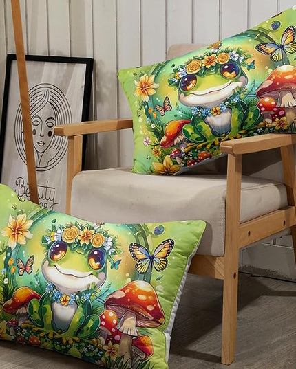 AILONEN Cartoon Green Frog Sheet Set Twin XL Size for Kids Girls Boys,Kawaii Green Wild Animals Bedding Set,Mushroom and Butterfly Bed Sheets,Super Soft Microfiber,1 Fitted Sheet and 2 Pillowcases