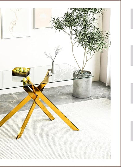 51" Glass Dining Table Set for 4, Modern Dining Room Table Set for 4, Gold X-Shape Pedestal Glass Table with 4pcs Green Dining Chairs, 5 Piece Dining Set for Dining Living Room