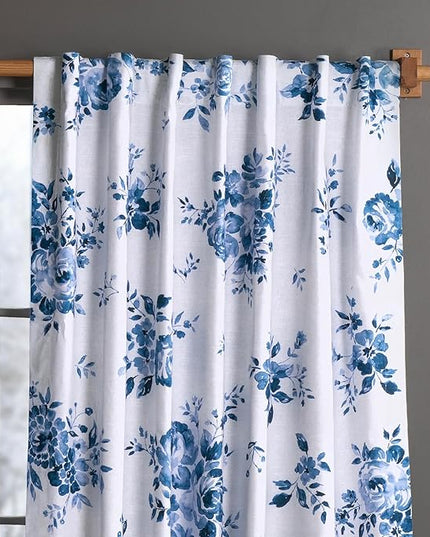 Maison d'Hermine Curtains for Living Room 100% Cotton 124 inch Length One Panel Window Curtains for Bedroom with Loop & Rod Pockets - Rose Garden - Blue, 50" W x 124" L