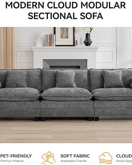 111'' Sectional Cloud Deep Seat Couch, Modern Comfy Chenille Modular Sectional Sofa for Living Room Set, Upholstered Modular 3-Seats Sofa Couch, Grey