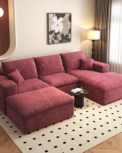 107'' U-Shaped Modern Modular Sectional Cloud Couch Whit Ottoman, 4-Seat Chenille Deep-Seat Sofa with Pillow for Living Room, Bedroom, Apartment, Wine Red