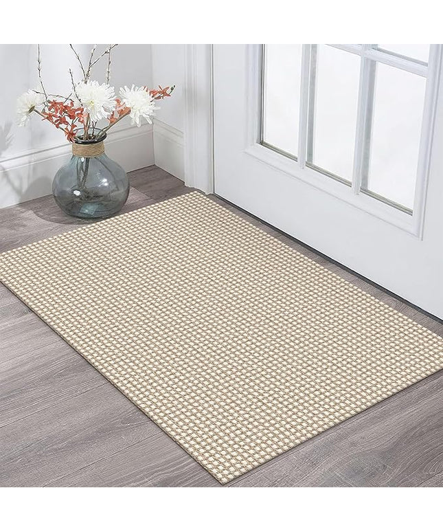 KOZYFLY Indoor Door Mat 2x3 ft Small Area Rugs Washable Front Door Mat Non Slip Rubber Backed Entryway Rug Cotton Entrance Doormat for Front Porch Bathroom Kitchen Bedroom, Ivory/Khaki