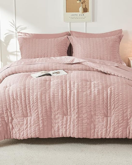 HYMOKEGE Rose Gold Twin Comforter Set Seersucker 5 Pieces, All Season Luxury Bed in a Bag Queen for Bedroom, Bedding Set with Comforter, Sheets, Pillowcase & Sham