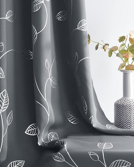 BUHUA Room Darkening Curtains 63 Inch Length, Window Treatments for Living Room Grommet Curtains with Silver Leaf Foil Design (52 x 63 Inch,Grey,Set of 2)