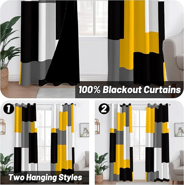 Yellow 100% Blackout Curtains for Bedroom 72 inch Length 2 Panels Set White Grey Modern Abstract Geometric Black Out Curtains Insulated Room Darkening Window Drapes for Living Room, 52Wx72L