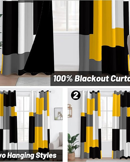 Yellow 100% Blackout Curtains for Bedroom 108 inch Extra Long 2 Panels Set Mustard Yellow Grey Modern Abstract Geometric Black Out Curtains Room Darkening Window Drapes for Living Room, 52Wx108L
