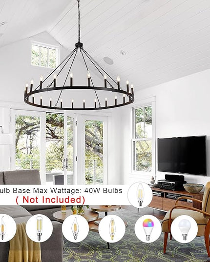 24-Light Black Wagon Wheel Chandelier for Living Room 52 Inch Farmhouse Chandeliers Large Round High Ceilings Light Fixtures for Entryway Dining Room Foyer Kitchen Island