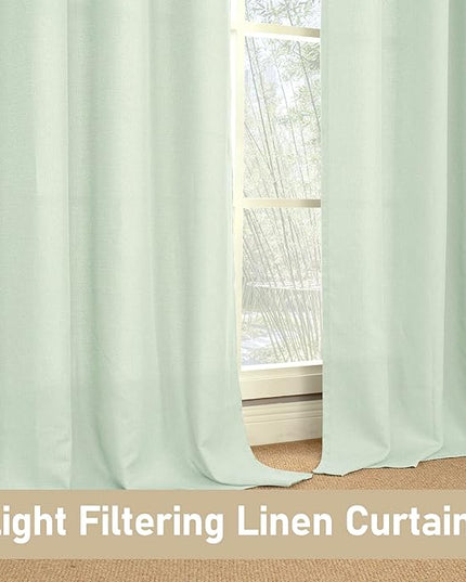 LAMIT Light Green Linen Blended Curtains for Bedroom, 54 inches Grommet Thermal Insulated Thick Cottage Curtains Light Reducing Window Treatment Drapes for Living Room, Set of 2 Panels, W52 x L54