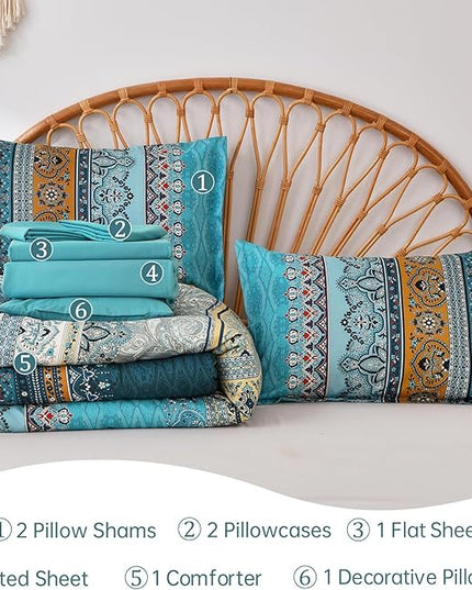 Boho Full Comforter Set 8 Pieces,Teal and Yellow Bohemian Comforter Paisley Striped Bed in A Bag,Soft Microfiber Bedding Set for All Season