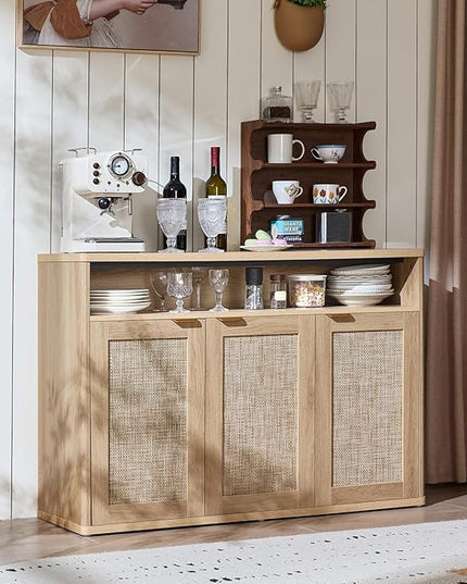 LEYAOYAO Rattan Sideboard Buffet Cabinet,45" Coffee Bar Cabinet with 3 Doors & Open Storage Shelf,Modern Credenza Console Table for Living Room Rattan Farmhouse entryway Natural