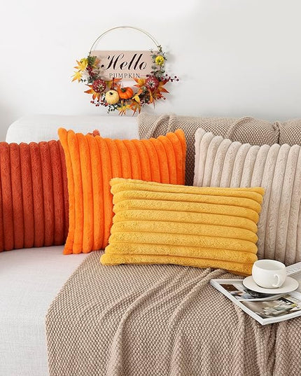 Pallene Faux Fur Plush Fall Throw Pillow Covers 12x20 Set of 2, Luxury Soft Fluffy Striped Decorative Pillow Covers for Sofa, Couch, Living Room, Burnt Orange