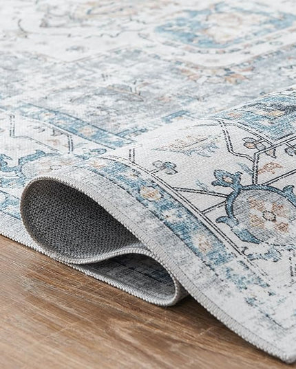 jinchan Runner Rug 3x8 for Hallway - Kitchen Machine Washable Vintage Floral Non-Slip with Rubber Backing Ultra-Thin Low-Pile Carpet Runner for Bedroom Laundry Room (3x8ft, Grey/Blue)