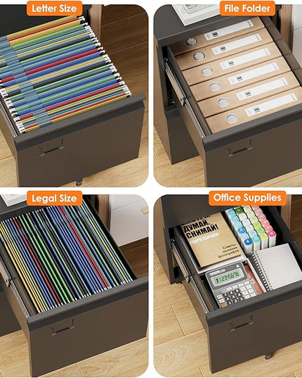 METAN 2 Drawer Vertical File Cabinet with Lock, Mobile Metal Filing Cabinet for Legal/Letter Size, Office Storage File Cabinet Under Desk with Card Holder,Assembly Required, Black