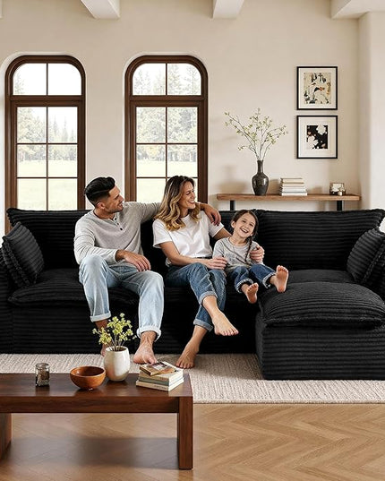 108" Sectional Couches for Living Room Boneless Couch Upholstered Cloud Couch Sectional Modular Sectional Sofa with L Shaped (Corduroy-Black, 3 Seat+1 Ottoman)
