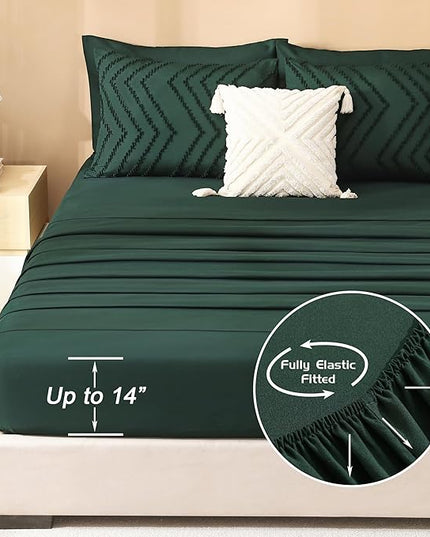 Litanika King Size Comforter Set with Sheets Dark Emerald Green - 7 Pieces Bed in a Bag King Chevron Tufted Complete Bedding Sets with Comforter, Sheets, Pillowcases & Shams