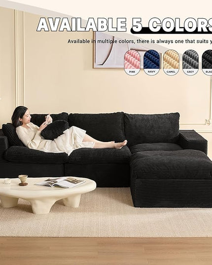 106.3” Sectional Couches for Living Room, Cloud Couch, Modular Sectional Sofa, Convertible Sofas Bed, Deep Seat Sofa, L Shaped Cozy Sofa Furniture Set, Corduroy, Black