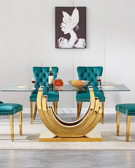 Henf 5-Piece Glass Dining Table Set with 4 Upholstered Dining Chairs,Large Glass Dining Room Table Set for 4, Modern Kitchen Table Furniture for Dining Room, Gold Dining Table and Chair Set for 4