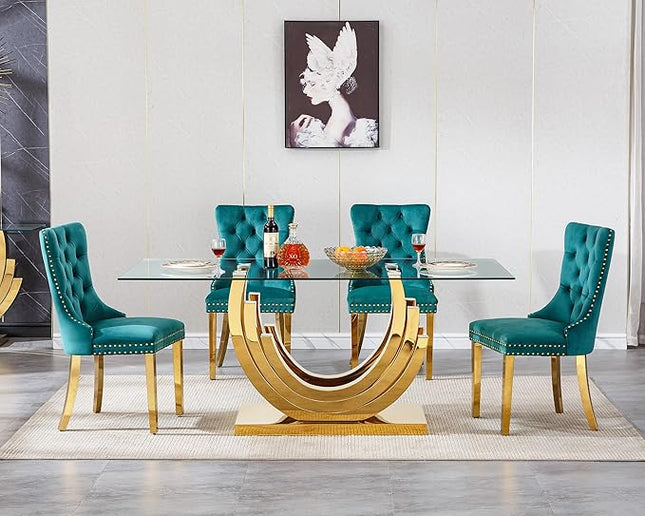 Henf 5-Piece Glass Dining Table Set with 4 Upholstered Dining Chairs,Large Glass Dining Room Table Set for 4, Modern Kitchen Table Furniture for Dining Room, Gold Dining Table and Chair Set for 4
