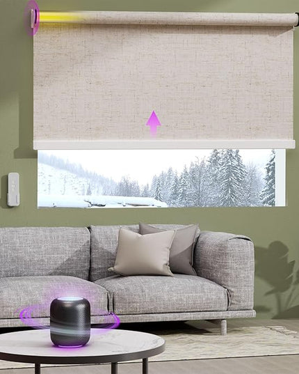 Astomi Motorized Roller Shades for Windows, Blackout Automatic Blinds with Remote, Smart Blinds, Voice Control, Compatible with Alexa, Google, Custom Size, Linen Beige