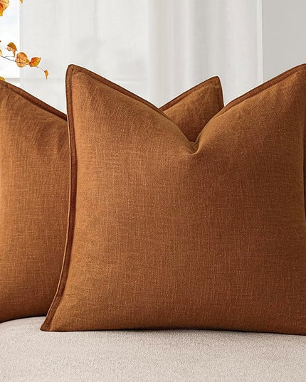 Foindtower Set of 2, Decorative Linen Soild Throw Pillow Covers Soft Accent Cushion Euro Case Boho Farmhouse Pillowcase for Chair Couch Sofa Bedroom Living Room Home Decor 18 x 18 Inch Autumn Orange