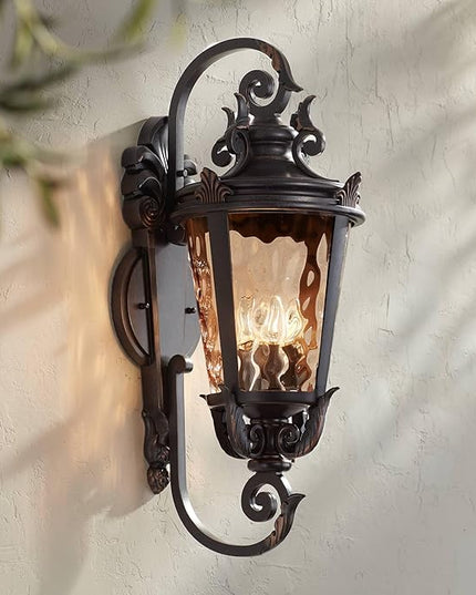 John Timberland Casa Marseille Vintage Outdoor Wall Light Fixture Veranda Bronze Scroll Frame 31" Champagne Hammered Glass for Exterior House Porch Patio Outside Deck Garage Yard Front Door