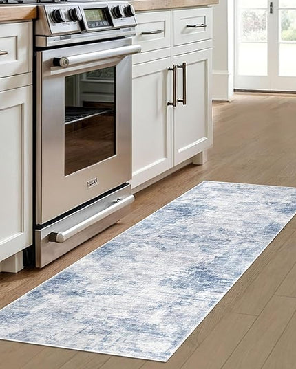 IOHOUZE Abstract Runner Rug 2x6 Ft Washable Runners for Hallways, Non Slip Kitchen Runner Printed Faux Wool Entryway Runner Indoor, Modern Abstract Floor Carpet for Hall Bedroom, Light Blue White