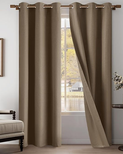 100% Blackout Linen Textured Curtains 84 Inch Length 2 Panels Set for Living Room, Bedroom, Full Blackout Curtains with Grommets Top, Blackout Curtains Privacy Protection, Brown, 37" W x 84" L