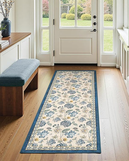 jinchan Elora 2x5 Floral Runner Rug for Hallway Washable Kitchen Runner Vintage Romance Design Non Slip Thin Indoor Floor Cover Low-Profile Throw Carpet for Entryway Bathroom Bedroom Porch, Blue/Beige
