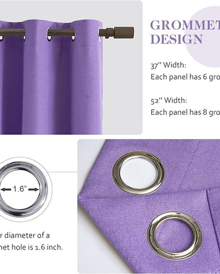 Full Blackout Purple Curtains 95 Inch Length, Faux Linen 100% Blackout Thermal Insulated Noise Reduction Winodw Drapes for Girls Bedroom Nursery, Purple, W52 x L95, 2 Panels