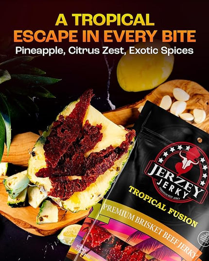 Jerzey Jerky Tropical Fusion Brisket Jerky 2.5oz (2 Pack) – High Protein, Gluten Free and Healthy Beef Snacks with Rich, Authentic Flavor
