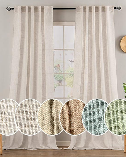 MIULEE Natural White Linen Curtains 90 Inch Long 2 Panels Set for Bedroom Living Room, Soft Thick Linen Textured Window Drapes Semi Sheer Light Filtering Rod Pocket Back Tab Farmhouse Cream Ivory