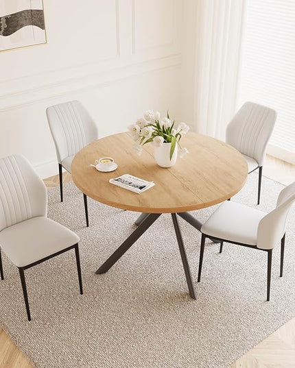45.3 Inch Round Dining Table Set for 4, Mid Century Modern Small Kitchen Coffee Set for Dining Room Kitchen Apartment (Oak Table + 4 White Chairs)