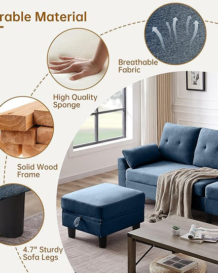 Convertible Sectional Sofa,Modern 4-Seat L Shaped Couch with Storage Ottoman,Linen Fabric Sofa Set for Living Room, Blue