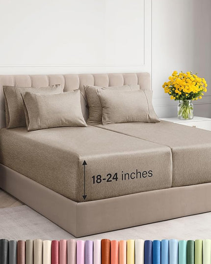 Extra Deep Split King Sheet Set - 7 Piece Breathable & Cooling Sheets - Hotel Luxury Bed Sheets Set - Easy Fit - Soft, Wrinkle Free & Comfy Sheets Set - Heathered Beige Sheet Set w/Extra Deep Pockets