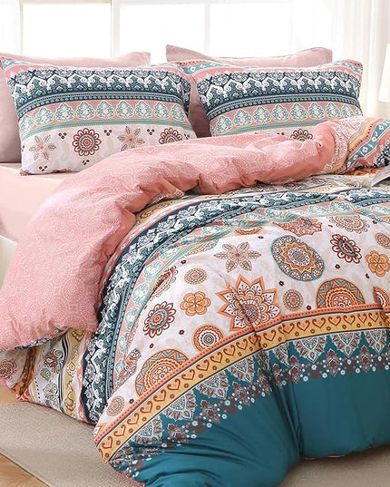 MUXHOMO Bed in a Bag King 7 Pieces, King Comforter Set Reversible Bohemian Botanical Flowers Design, Ultra Soft & Breathable Bedding Sets with Comforter, Sheets, Pillowcases & Shams