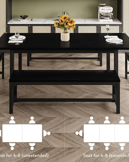 iPormis Dining Table Set for 4-8 People, Extendable Kitchen Table with 2 Benches and 2 Square Stools, Classic Black Dining Room Table with Stable Metal Base, Space Saving