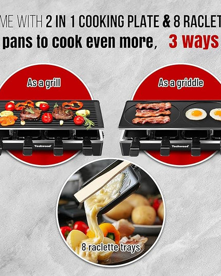 Raclette Grill, Techwood Electric Table Indoor Grill Korean BBQ Grill, Removable 2-in-1 Non-Stick Grill Plate, 1500W Fast Heating with 8 Cheese Melt Pans, Ideal for Parties and Family Fun