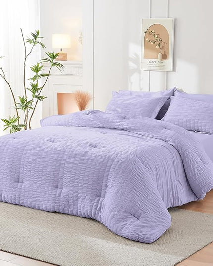 HYMOKEGE Light Purple California King Comforter Set Seersucker 7 Pieces, All Season Luxury Bed in a Bag for Bedroom, Bedding Set with Comforter, Sheets, Pillowcases & Shams