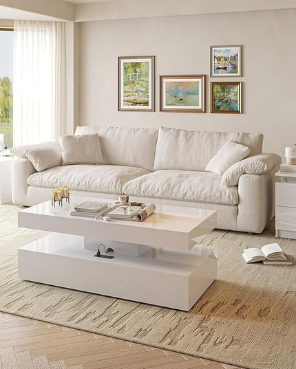3-Piece Modern Living Room Table Set, Includes LED Coffee Table and End Tables Set of 2 with Storage Drawers, White